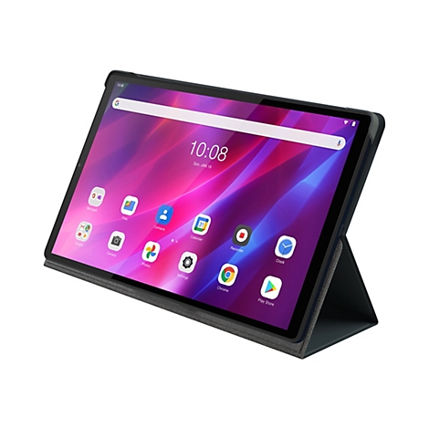 Ein schwarzes Tablet in einer grauen Schutzhülle steht leicht schräg auf weißem Hintergrund.
