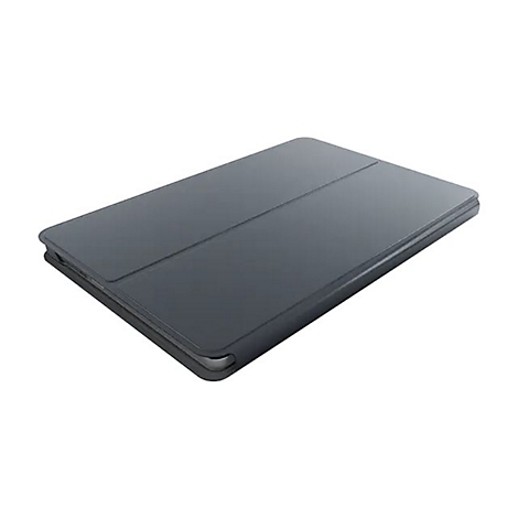 Dunkelgraues, geschlossenes Tablet-Schutzcover mit glatter Oberfläche auf weißem Hintergrund.