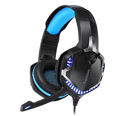 Casque de jeu noir avec des accents bleus illuminés et un microphone. 'Lenovo' est écrit sur l'écouteur.
