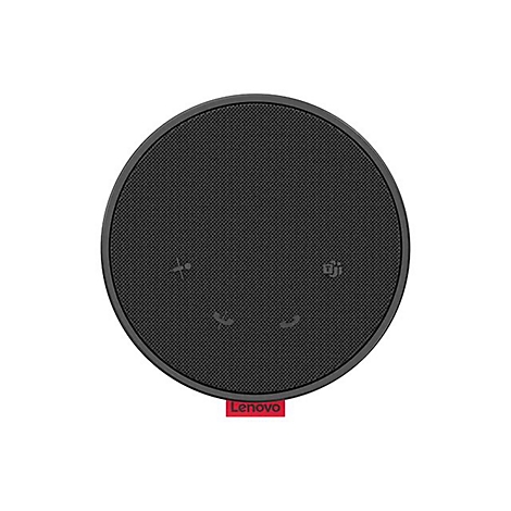 Runder, schwarzer Lautsprecher mit Löchern, Mikrofon- und Telefon-Symbolen. Rotes Lenovo-Logo am Boden.