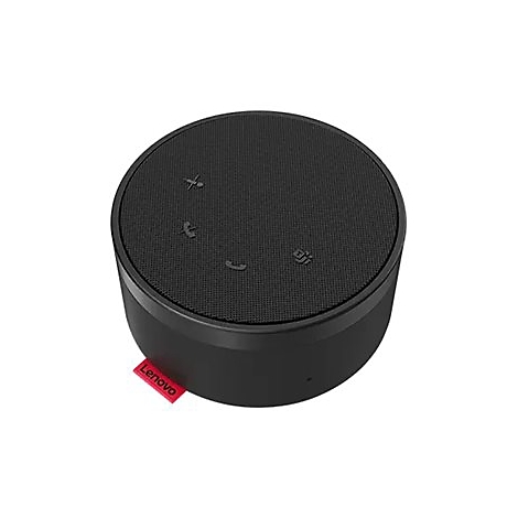 Schwarzer Lenovo-Lautsprecher. Auf der Oberseite befinden sich Symbole: Mikrofon, Telefon, Telefonhörer, Mikrofon-Stummschaltung. Rotes Lenovo-Etikett.