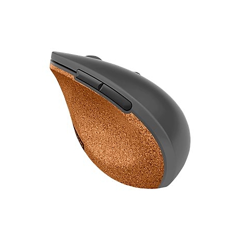 Vertikale ergonomische Computermaus in Grau mit brauner Kork-Seitenfläche vor weißem Hintergrund.