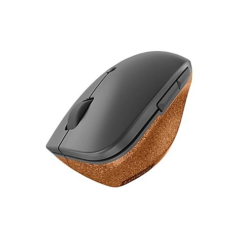 Draufsicht einer ergonomischen PC-Maus mit dunkelgrauer Oberfläche und Unterseite in Kork-Optik.