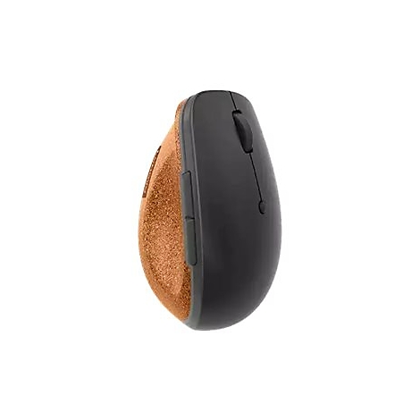 Ergonomische Computermaus, schwarz und korkfarben, auf weißem Hintergrund.