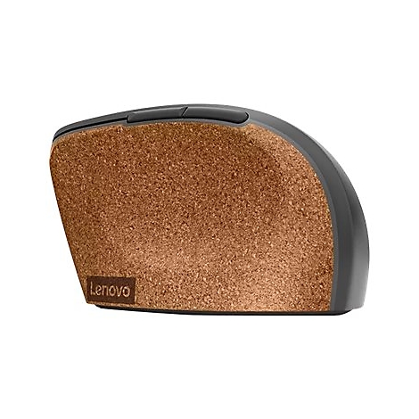 Drahtlose Maus mit Kork-Oberfläche und grauen Elementen. Unten Logo "Lenovo".