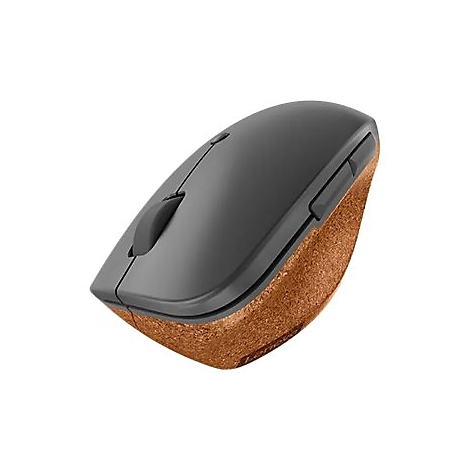 Draufsicht einer ergonomischen, grauen Computermaus mit seitlicher Kork-Oberfläche vor weißem Hintergrund.