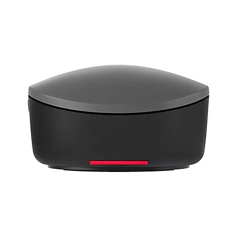 Schwarze, ovale Box mit grauer Oberseite. Unten ein roter Streifen. 