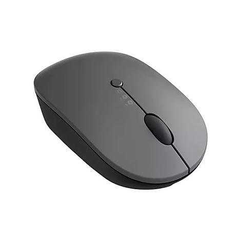 Drahtlose, graue Maus mit schwarzem Scrollrad und Knopf. Sie liegt auf weißem Grund.