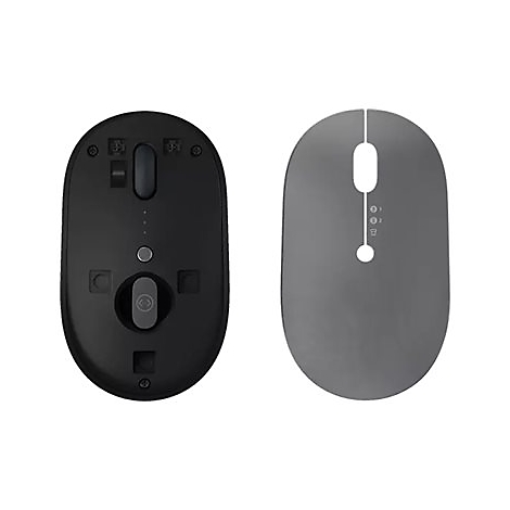 Draufsicht auf eine Computermaus mit abnehmbarer Abdeckung, zeigt die Unterseite der Maus und der Abdeckung.