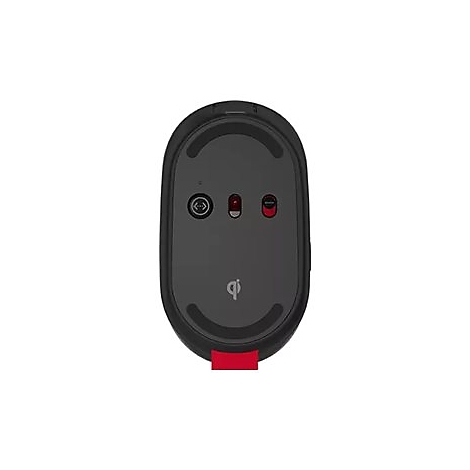 Souris sans fil vue d'en bas, noire, avec des touches de rouge et le logo Qi.