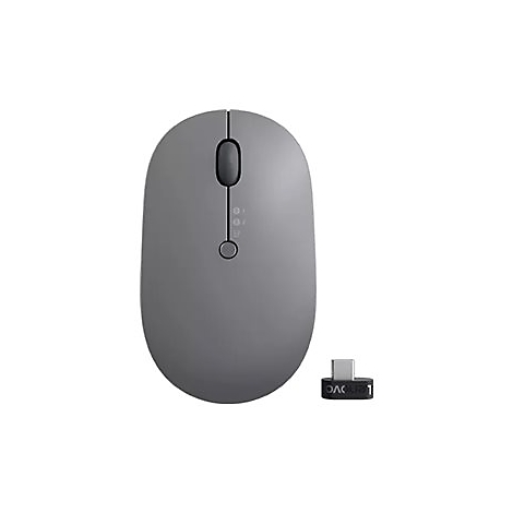 Souris Lenovo grise avec rÃ©cepteur USB. La souris a un design Ã©lÃ©gant et comporte trois boutons et un indicateur Bluetooth.