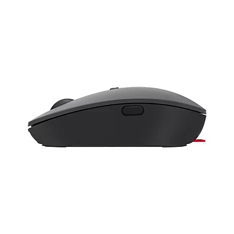 Souris d'ordinateur noire, vue de cÃ´tÃ©, avec un accent rouge. Un bouton Ã  droite, un autre bouton sur le dessus.