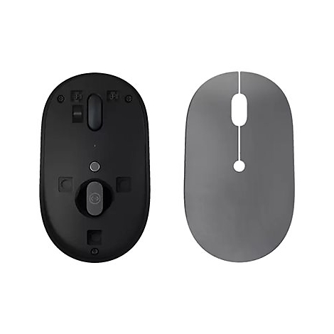 Vue de dessus de deux souris d'ordinateur : une face infÃ©rieure noire avec des boutons et une face supÃ©rieure grise avec des dÃ©coupes.