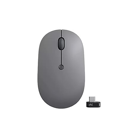 Souris d'ordinateur grise avec rÃ©cepteur USB-C. Deux boutons et une molette de dÃ©filement sur le dessus. Un bouton rond en bas.