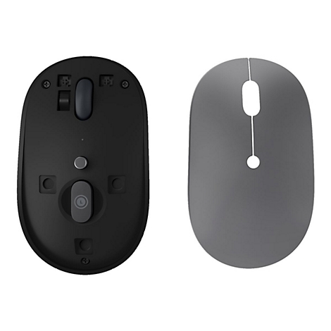 Vue de dessus d'une souris d'ordinateur, dessous noir, dessus gris.