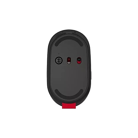Vue de dessus d'une souris d'ordinateur noire, dessous. Des Ã©lÃ©ments rouges et noirs sont visibles.