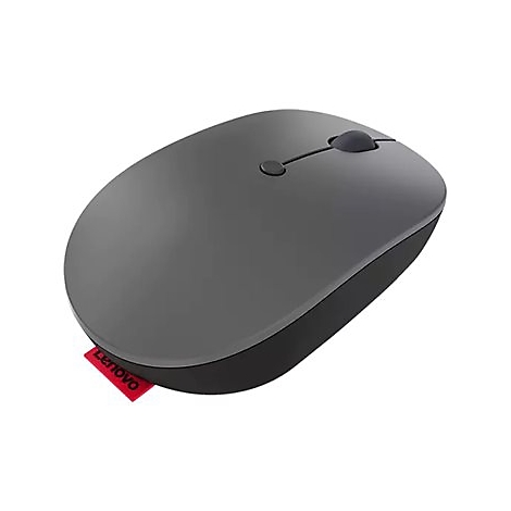 Souris d'ordinateur sans fil grise, avec molette de dÃ©filement et deux boutons. Le logo Lenovo sur une Ã©tiquette rouge.