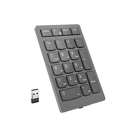 Grauer, kabelloser Lenovo Ziffernblock mit USB-Empfänger auf weißem Hintergrund.