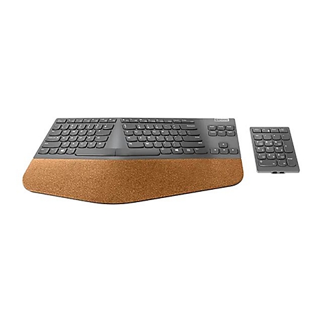 Ergonomische Lenovo Tastatur mit gewölbtem Design, Kork-Handballenauflage und separatem Ziffernblock.