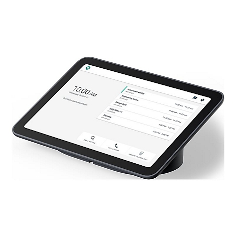 Ein schwarzes Tablet mit einem Bildschirm, auf dem ein Meeting-Zeitplan angezeigt wird. Auf dem Bildschirm werden Uhrzeit, Datum und Meeting-Informationen angezeigt.