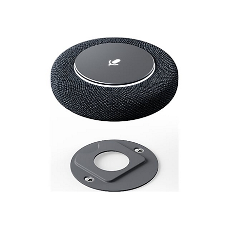 Smart Speaker: Schwarzer, runder Lautsprecher mit Mikrofonsymbol, darunter eine runde, graue Montageplatte.
