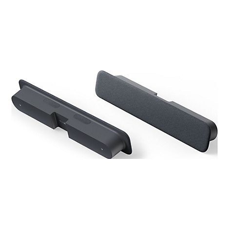 Zwei dunkelgraue Soundbars, mit Stoff bespannt, auf weißem Hintergrund. Einmal in der Draufsicht, einmal seitlich.