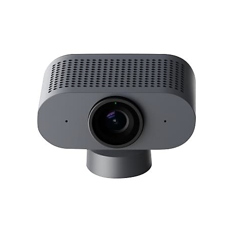 Graue Webcam mit großem Objektiv und Perforationen. Mit Sockel zur Befestigung.