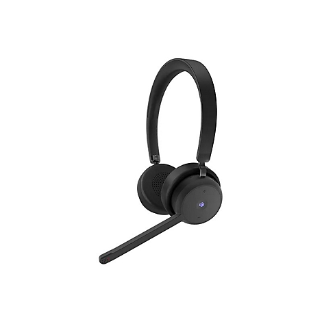 Schwarzes Headset mit Mikrofon auf weißem Hintergrund.