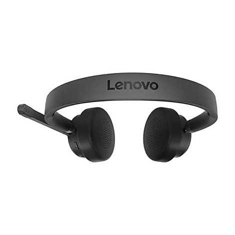 Dunkelgraues Lenovo-Headset, Logo auf dem Bügel. Ein Mikrofon ist ausgefahren. Hintergrund weiß.