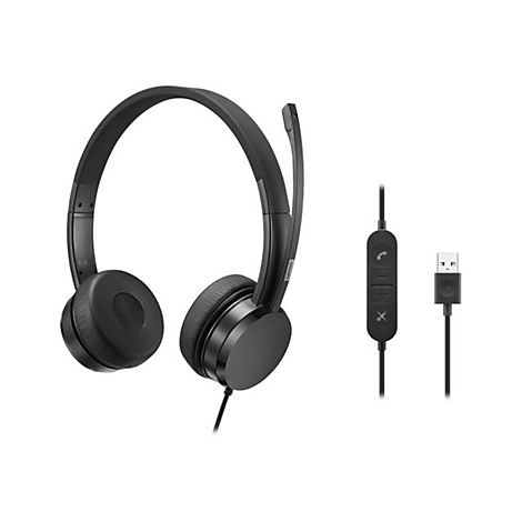 Schwarzes Lenovo-Headset mit Bügel, Mikrofon und Bedienelementen. Ein USB-Stecker ist zu sehen.