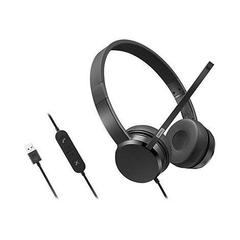 Schwarzes Headset mit Mikrofon, USB-Anschluss und Fernbedienung.