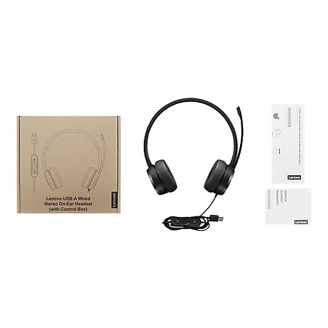 Schwarzes Lenovo USB-A Stereo On-Ear Headset mit Kabel, daneben die Verpackung und Anleitungen.