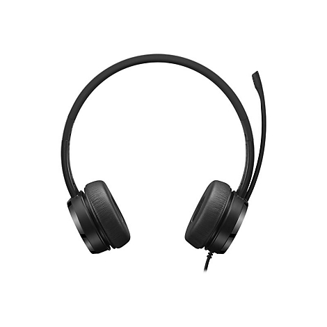 Schwarzes Headset mit Bügel und Mikrofon, freigestellt vor weißem Hintergrund.