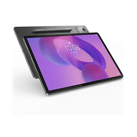 Ein graues Tablet auf weißem Hintergrund. Auf dem Display ist die Uhrzeit 10:08 Uhr und das Datum Fr., Feb 24 abgebildet.