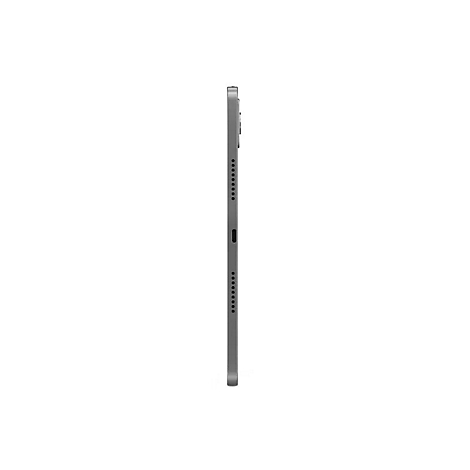 Dunkelgraues Tablet im Profil, auf weißem Hintergrund. Sichtbar sind Lautsprecheröffnungen und eine USB-C-Buchse.
