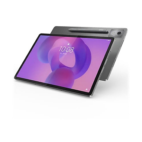 Ein graues Tablet liegt vor einem zweiten, leicht dahinter, mit Stift. Auf dem Bildschirm Uhrzeit 10:08 Uhr. Im Hintergrund weiß.