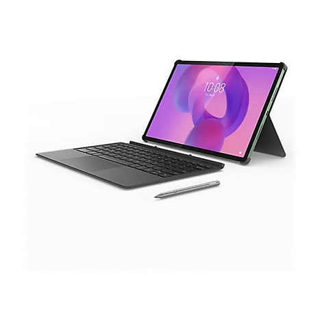 Ein Tablet mit Tastatur, Stift und Ständer auf weißem Grund. Auf dem Bildschirm ist 10:08 Uhr zu sehen.