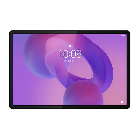 Ein Tablet mit schwarzem Rahmen und lila Hintergrundbild. Auf dem Bildschirm: 10:08 Uhr, Fr, 24.