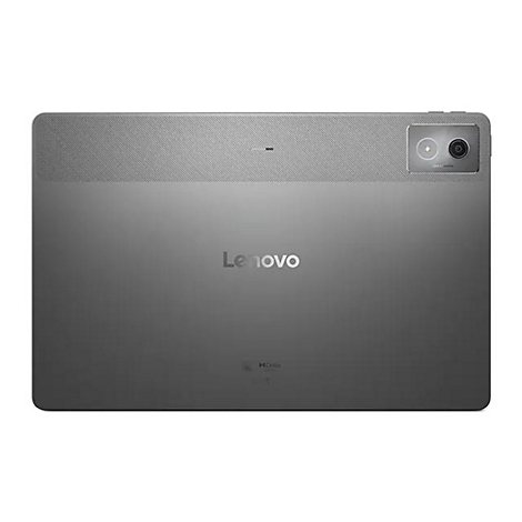 Graues Lenovo Tablet, Rückseite. Oben Kamera, darüber Textur, darunter Logo, darunter Dolby.