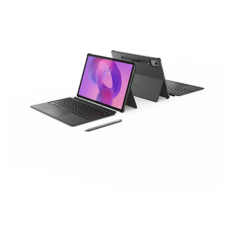 Schwarzes Lenovo-Tablet mit Tastatur, Stift, vor weißem Hintergrund. Uhrzeit 10:08 auf dem Bildschirm.