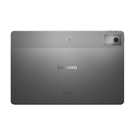 Dunkelgraues Lenovo Tablet. Rückseite mit Kamera, Logo, und Dolby- sowie JBL-Aufdruck.
