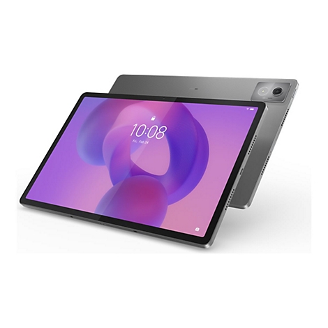 Graues Tablet mit Uhrzeit 10:08 auf dem Bildschirm. Der Hintergrund zeigt ein violettes Muster. Im Hintergrund ein weiteres Tablet.