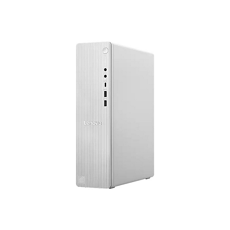 Weißer Lenovo-Desktop-PC, aufrecht stehend. Auf der Vorderseite: Vertikale Rippen, Logo und Anschlüsse.
