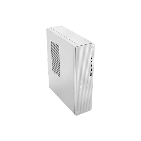 Ein weißer Lenovo-Desktop-PC im Hochformat. Vertikale Rillen auf der Vorderseite, Lenovo-Schriftzug.