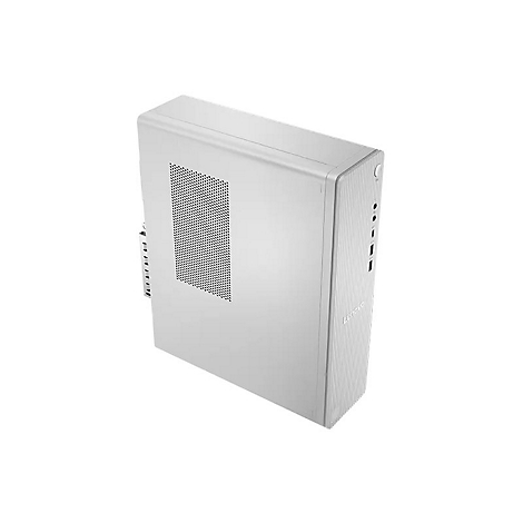 Silberner Lenovo Desktop-PC im schmalen Tower-Format vor weißem Hintergrund.