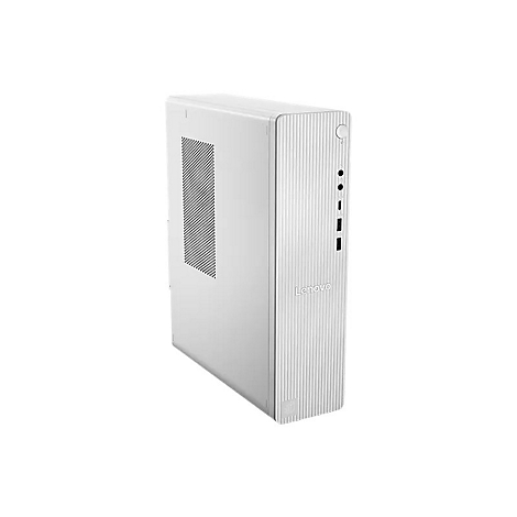 Weißer Lenovo Desktop-PC, vertikale Rillen, Belüftungsgitter, Power-Taste und Anschlüsse. Aufschrift: Lenovo.