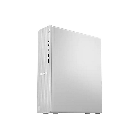 Weißer Lenovo-Desktop-PC, leicht von der Seite. Das Lenovo-Logo ist sichtbar.