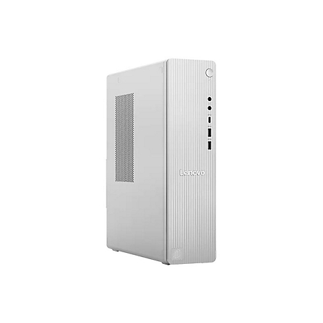 Weißer Lenovo Desktop-PC in kompakter Tower-Bauweise vor weißem Hintergrund.