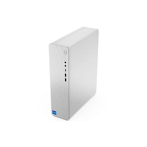 Weißer Lenovo-Desktop-PC. Vertikale Front mit geriffelter Textur, Lenovo-Logo. Unten rechts ein Intel Core-Aufkleber.