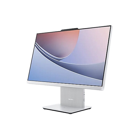 Weißer Lenovo All-in-One-PC vor weißem Hintergrund. Der Bildschirm zeigt ein abstraktes Design.